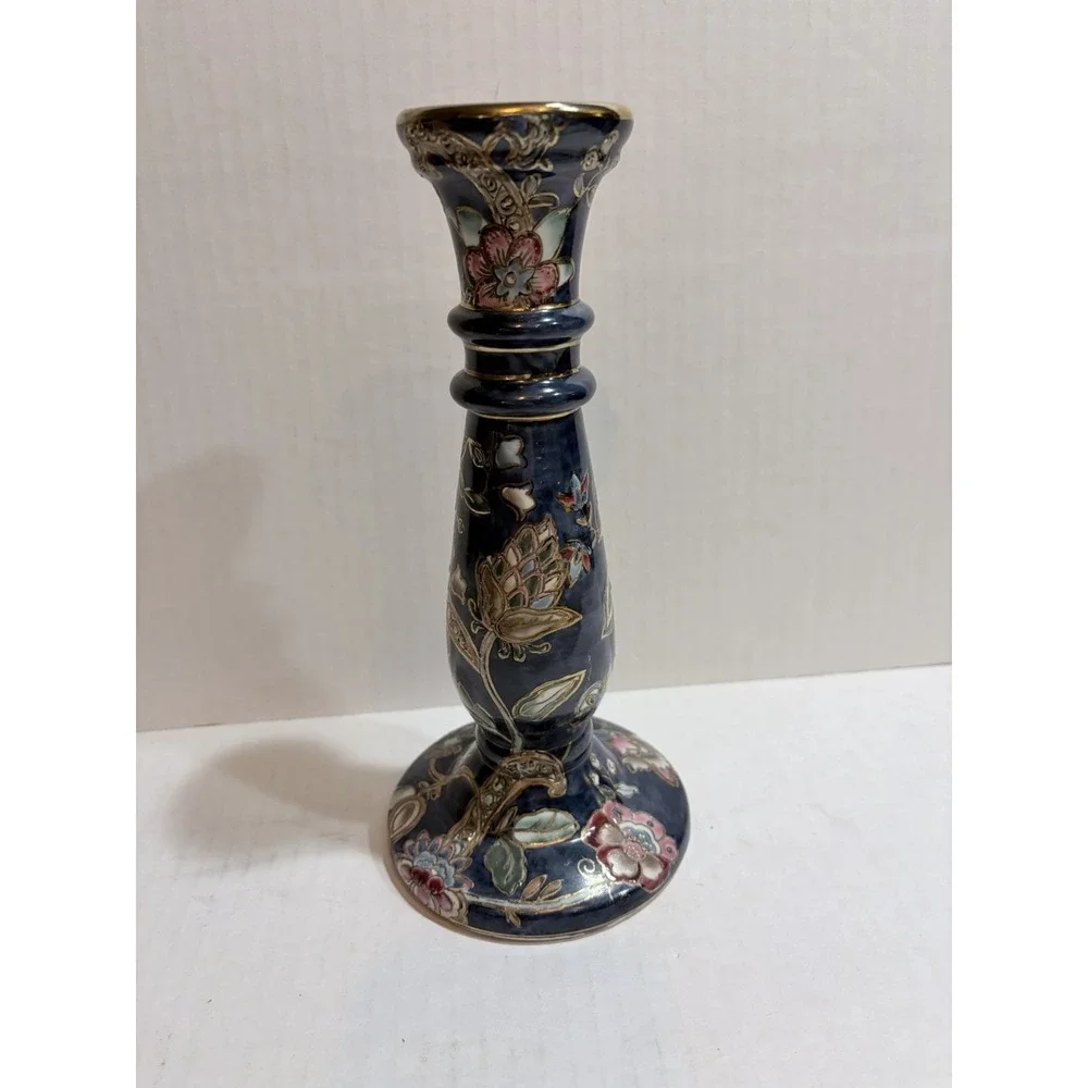 blue floral ceramic candlestick holder glossy finish gold trim decorative 9 in